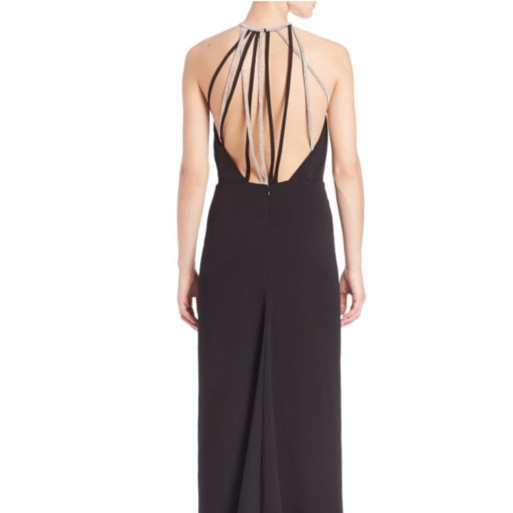Halston Heritage Low Back, Black & Silver, Halter Floor-Length Gown